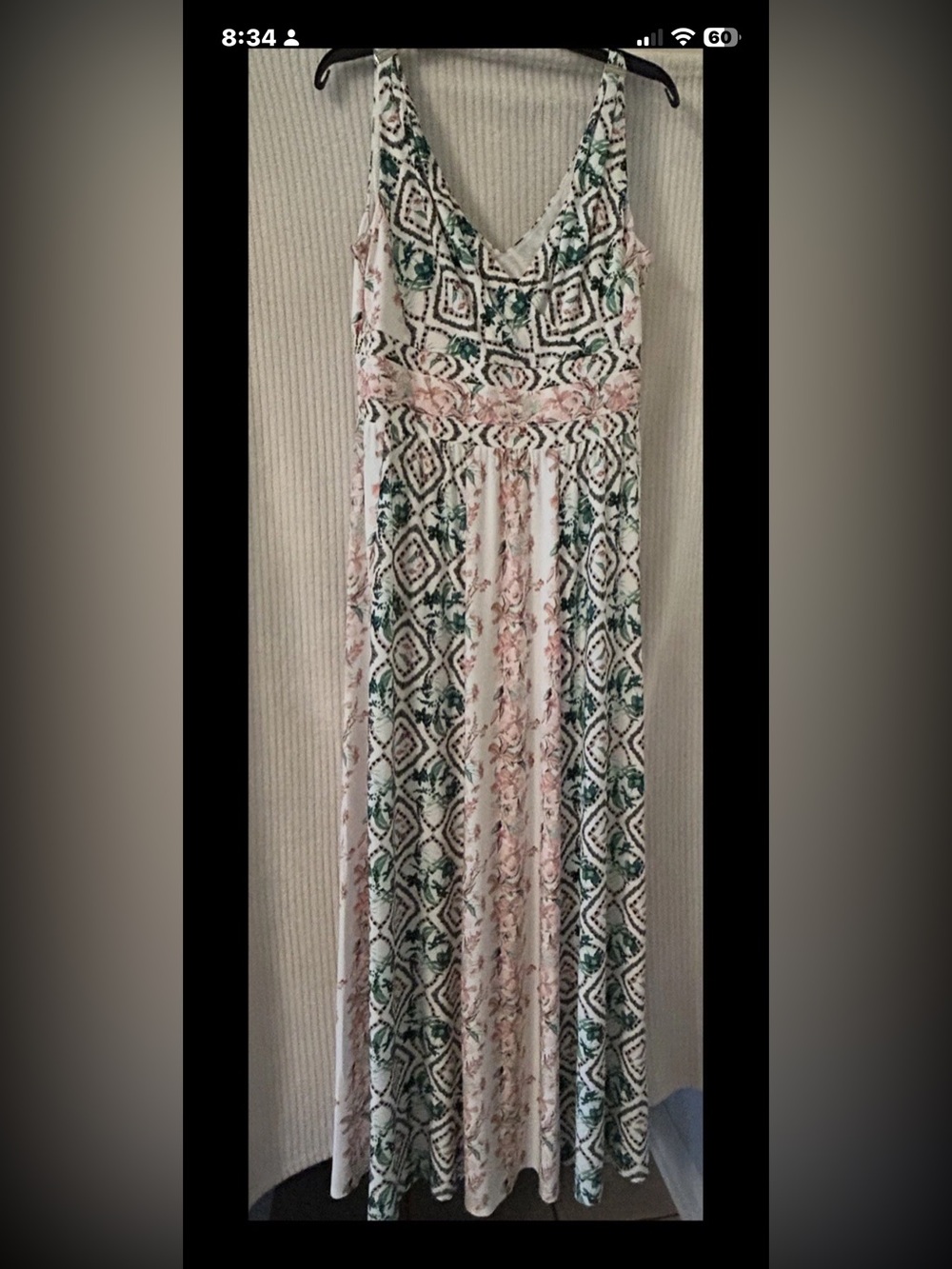 Large Sleeveless V-Neck Floral & Geometric Maxi Dress in Pink and Green